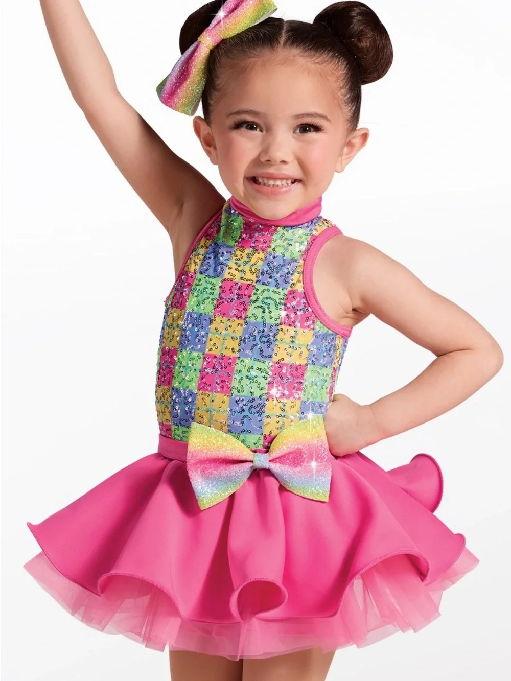 Kids Rainbow Sequin Checkerboard Dance Costume - Pink